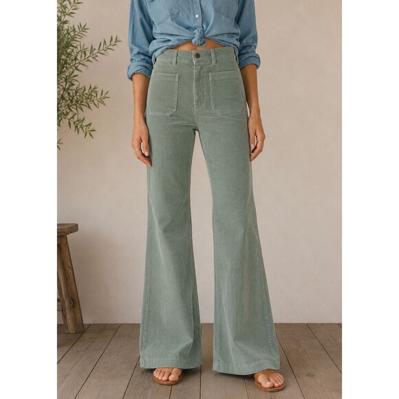 Faherty Pants - Faherty Stretch Terry Cord Patch Pocket Pant Women 27 Sea Moss Green Wide Leg